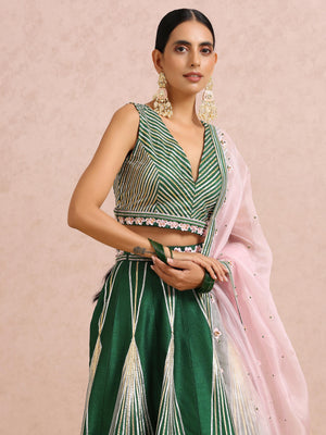 Green Embroidered Stripe Lehenga Set with Sleeveless Blouse image 4