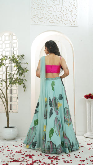 Dusty Blue hand painted lehenga with Pink embroidered bustier set image 5