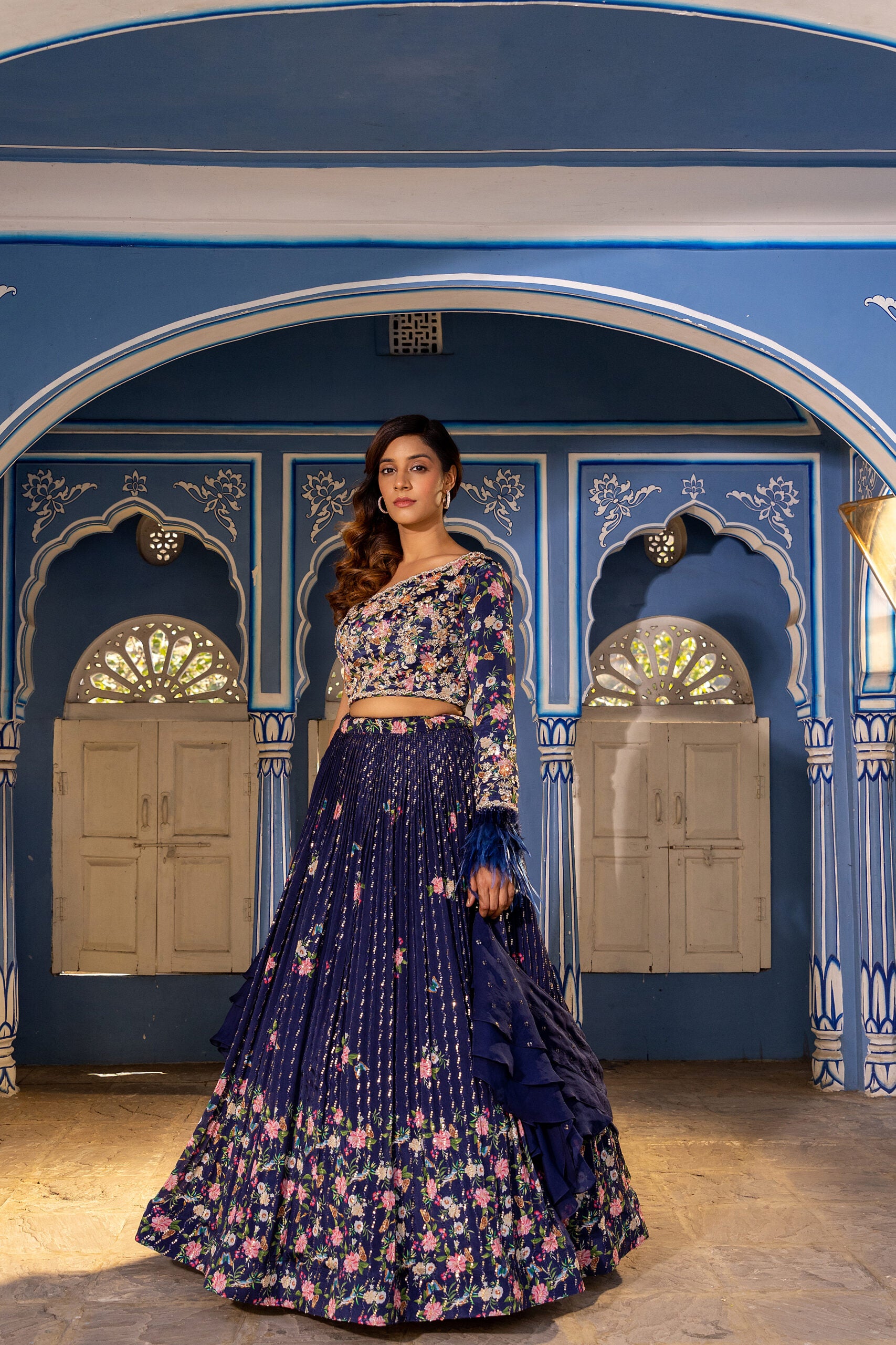 Navy Floral Blue Georgette Crepe Hand Embroidered Lehenga - M image