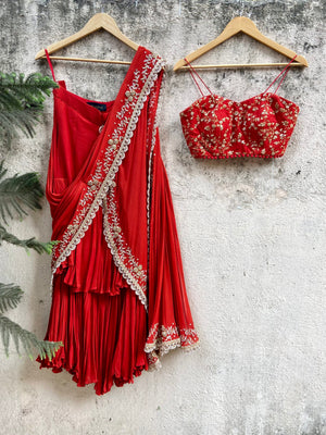 Rust Red pre-stiched Ruffle Saree - S image