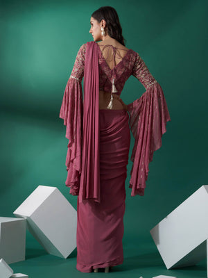 Mauve Pre Draped Sequin Saree Set image 1