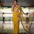 Mustard Net Saree with Mirror Blouse image 0