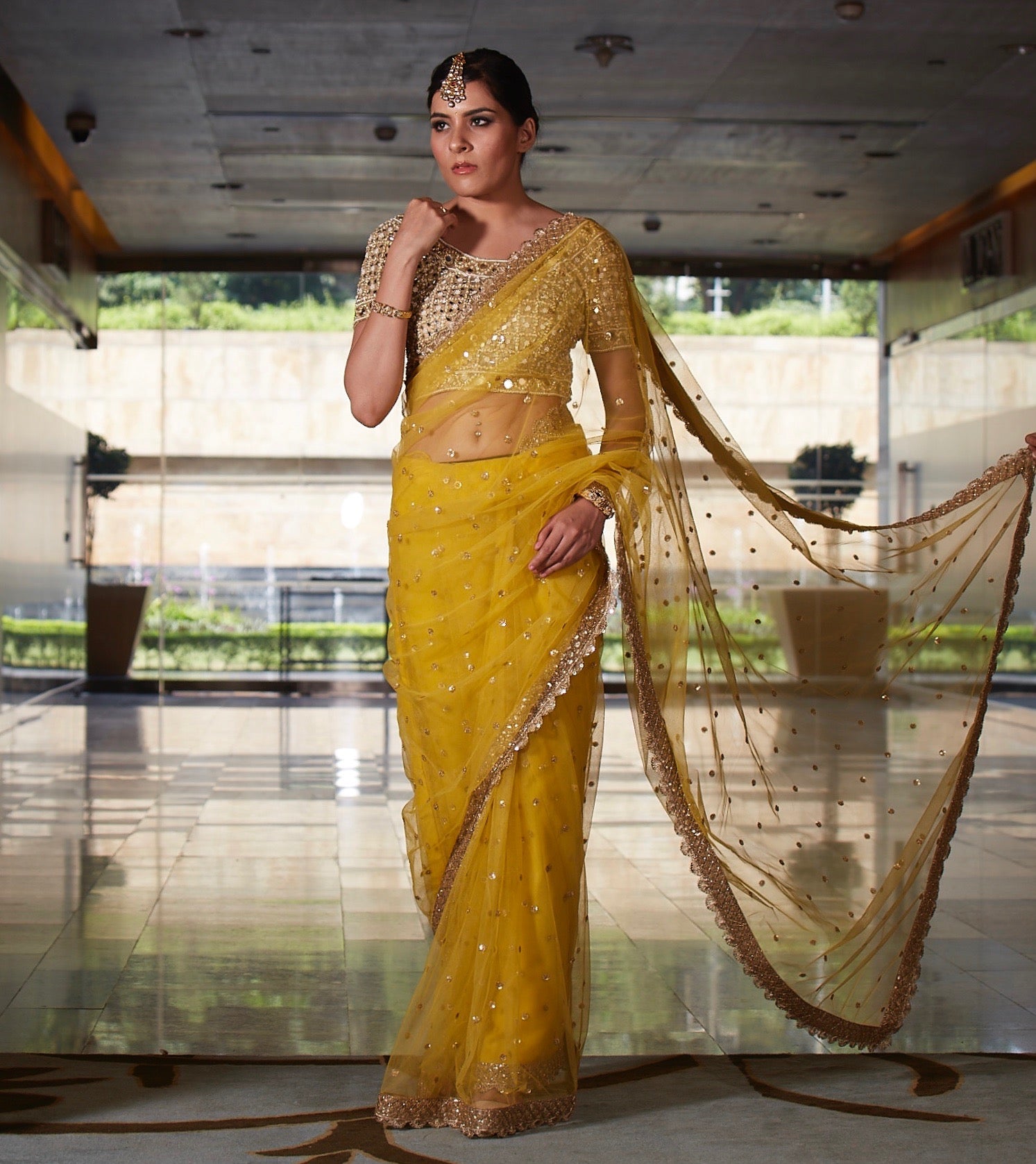Mustard Net Saree with Mirror Blouse image 0