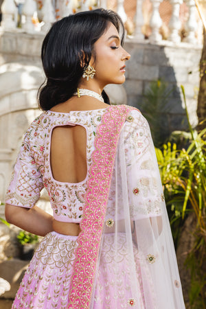Pink Raw Silk Hand Embroidered Lehenga Set image 3
