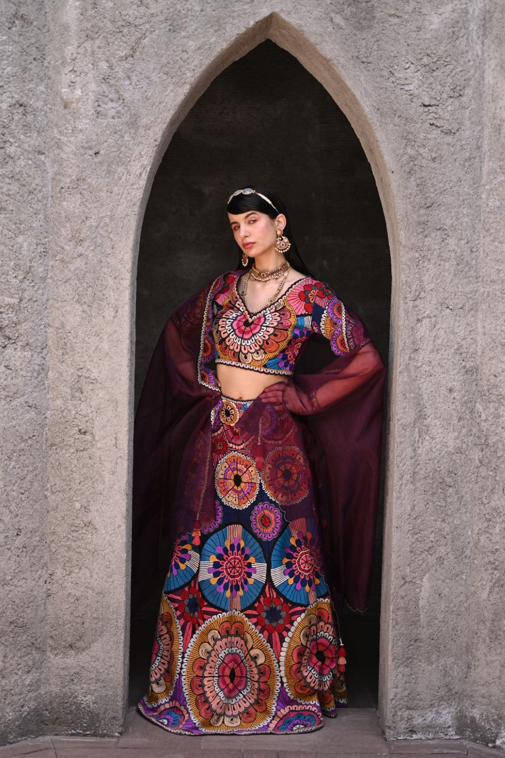 Wine Thread Work Lehenga Set image 2