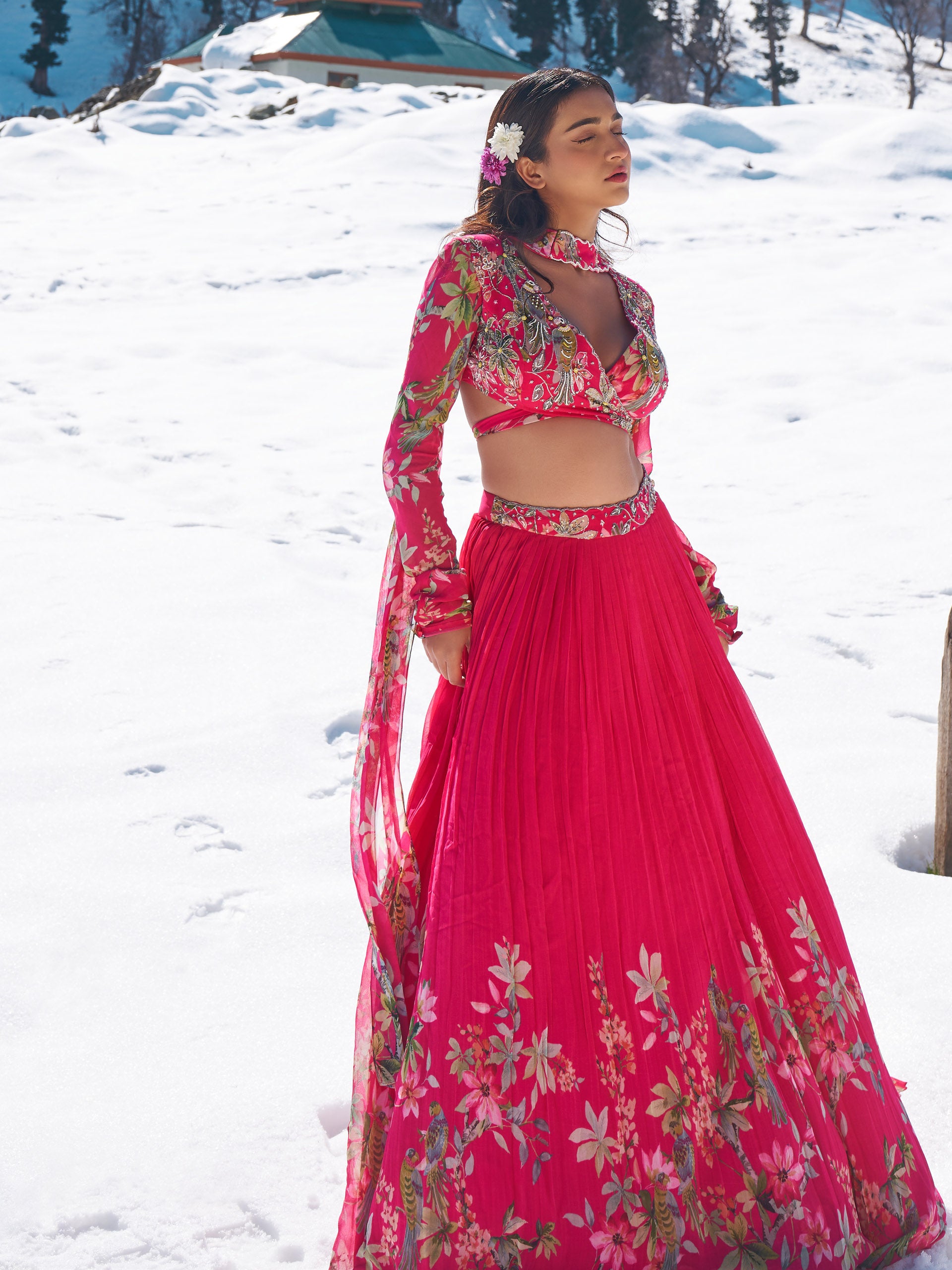 Hot Pink Floral Lehenga Set image 2