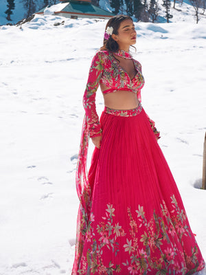 Hot Pink Floral Lehenga Set image 2