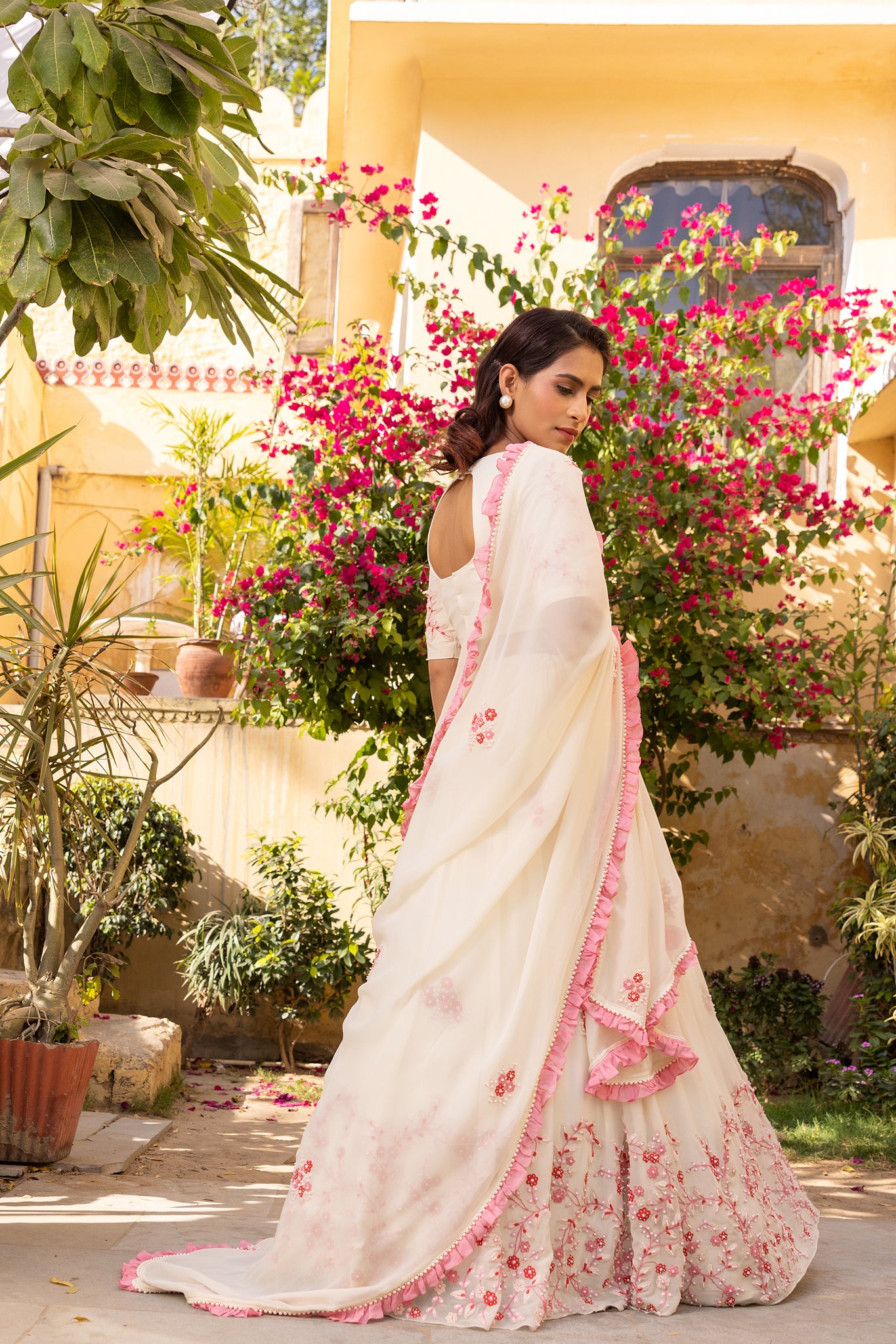 Floral Off-White Thread Embroidered Lehenga Set - M image