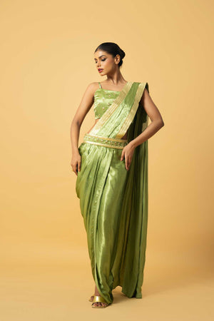 Bright Mint Green Modal Satin Dhoti Saree image 2