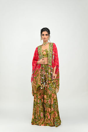 Olive Highlighted Sharara Bralette Paired With Dual Print Toga image 3