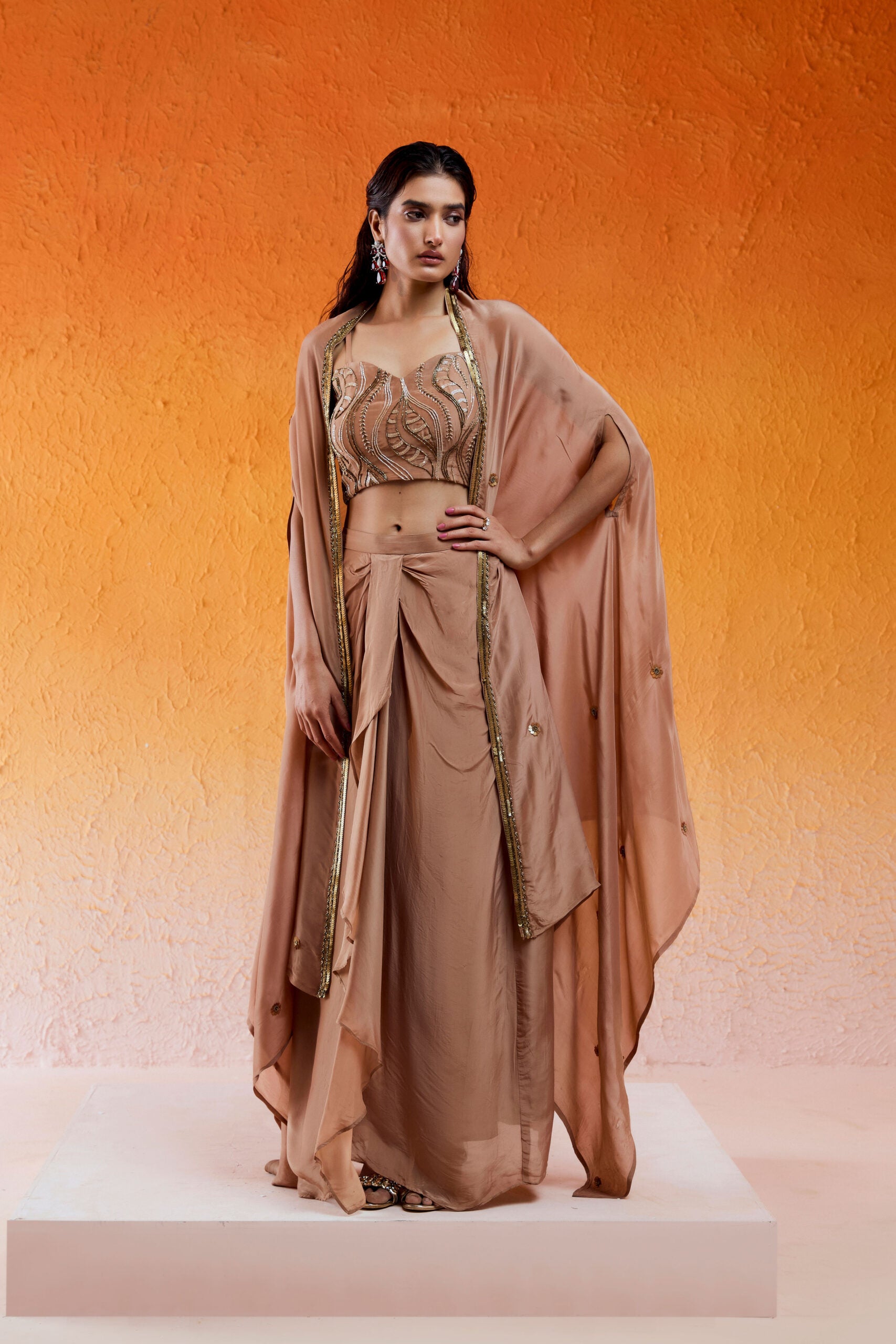 Caramel Brown Embroidered Drape Skirt Set with Cape image 4
