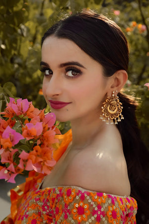 Orange Glitter Motif Lehenga Set with Ruffle Dupatta image 4