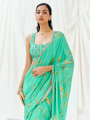 Turquoise Printed Embroidered Drape Saree Set image 6