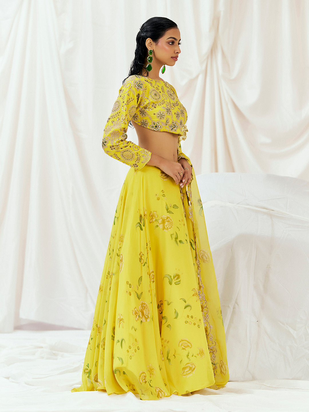 Bright Yellow Printed Embroidered Lehenga Set with Dupatta image 3