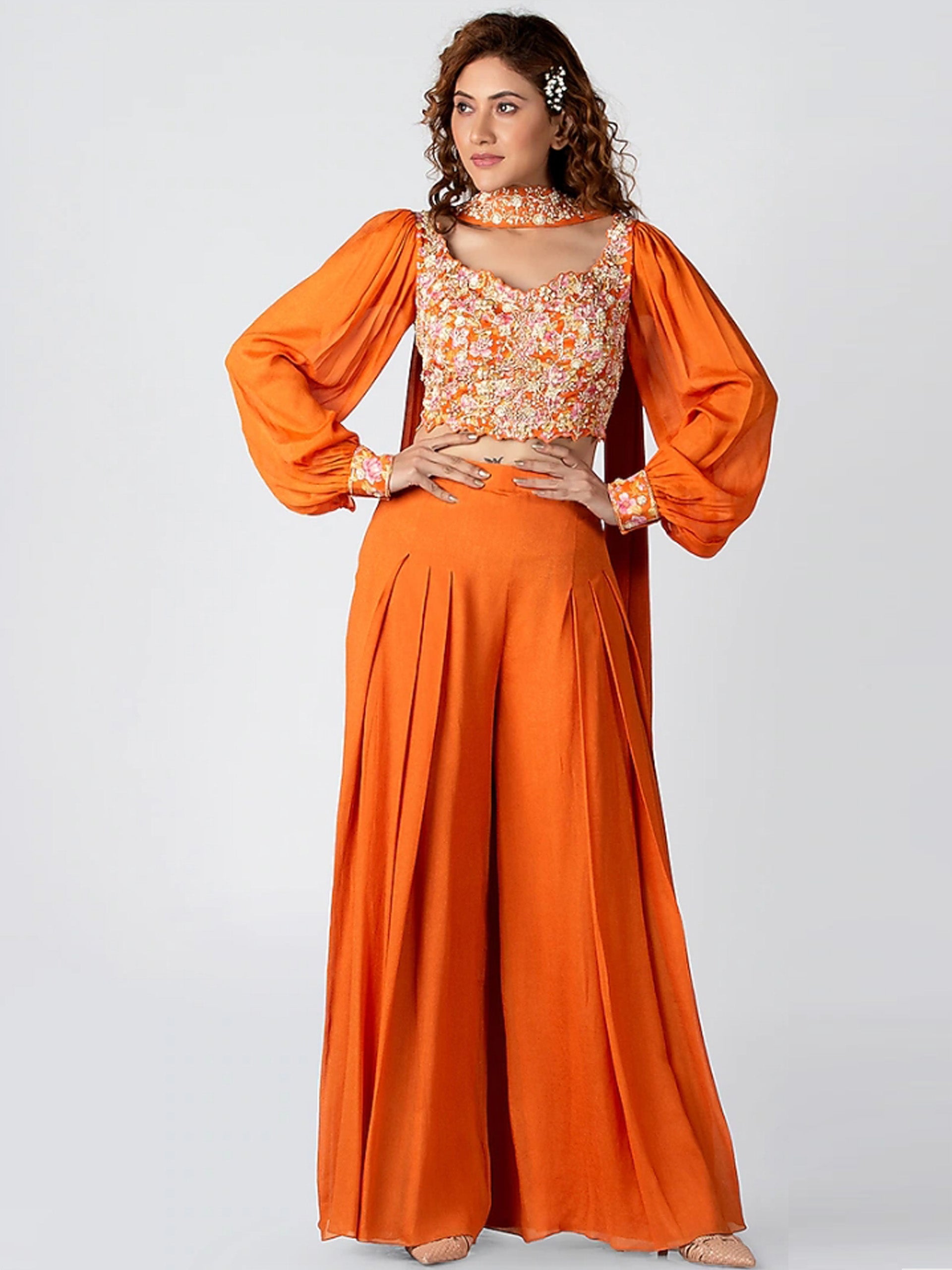 Orange Floral Draped Pant Set image 0