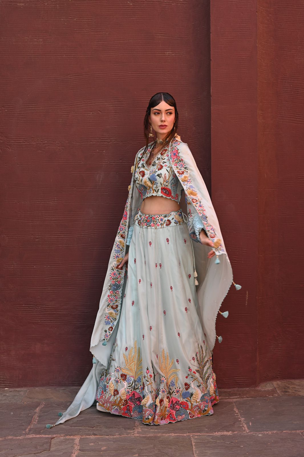 Powder Blue Flamingo Embroidered Lehenga Set image 4