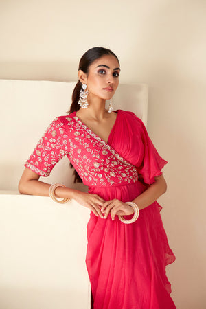 Pink Ruffle Pre-Drape Saree image 1