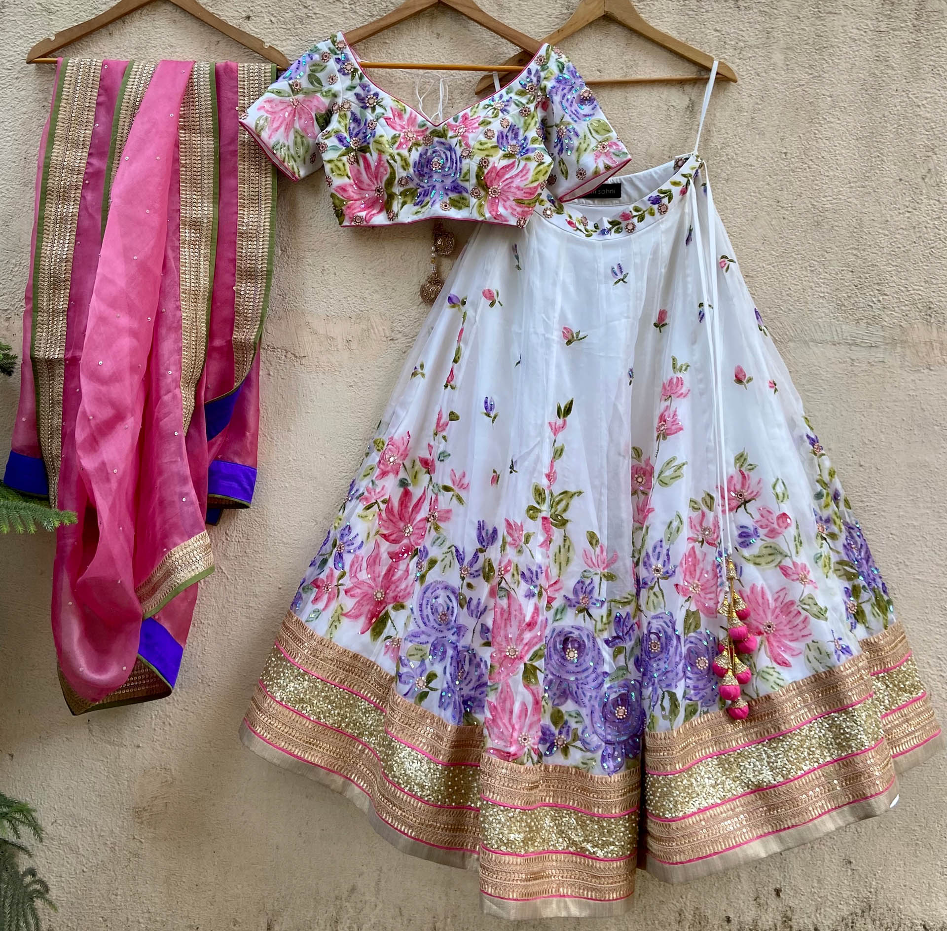 Ivory Handpainted Bridal Lehenga Set - M image