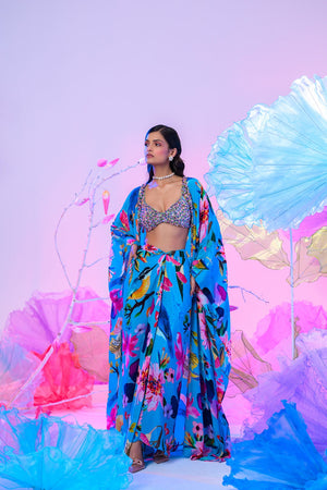 Our Aqua Dhoti Skirt Set With Embroidered Bralette image 2