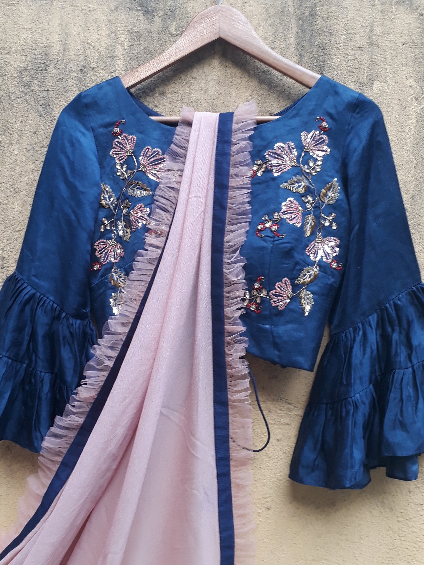 Nude Pink Ruffle Saree with Blouse image 1