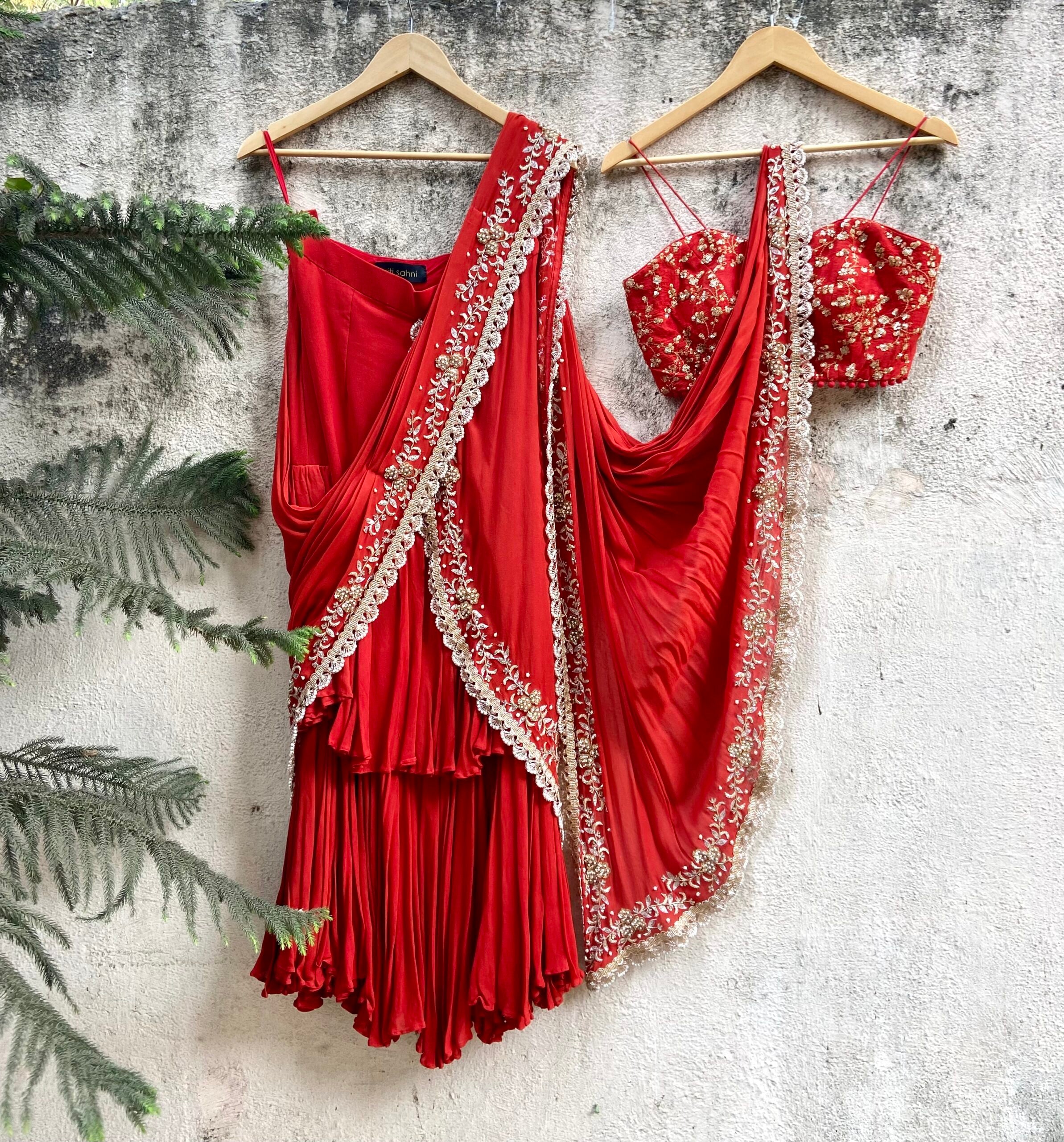 Rust Red pre-stiched Ruffle Saree image 4