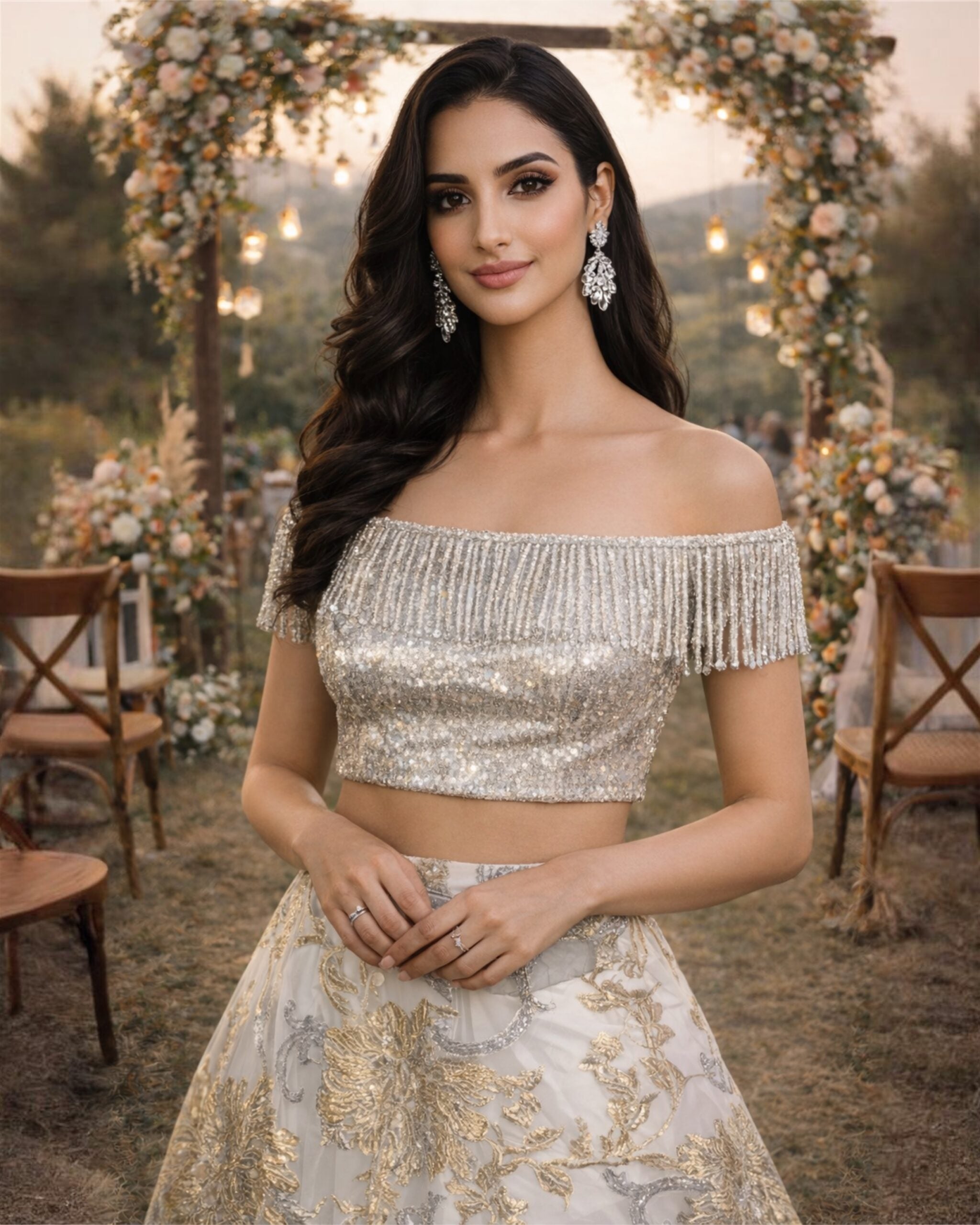 Silver Sequins Shoulder Blouse with Tassles teamed with an Ivory Organza Jaquard Skirt in Metallic Florals image 2
