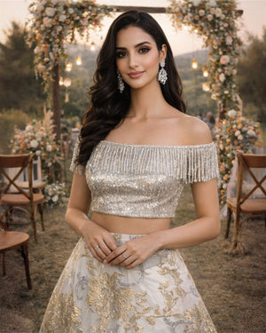 Silver Sequins Shoulder Blouse with Tassles teamed with an Ivory Organza Jaquard Skirt in Metallic Florals image 2