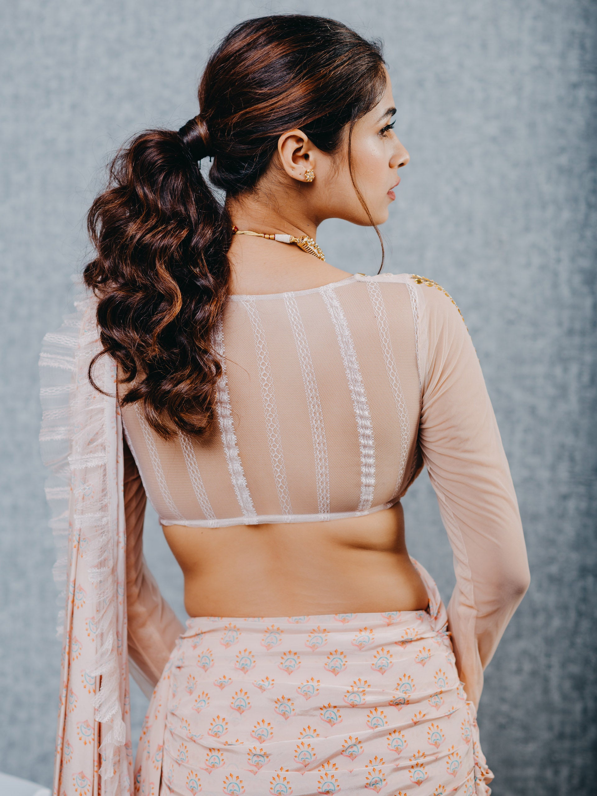 Peach Print Saree Set image 2