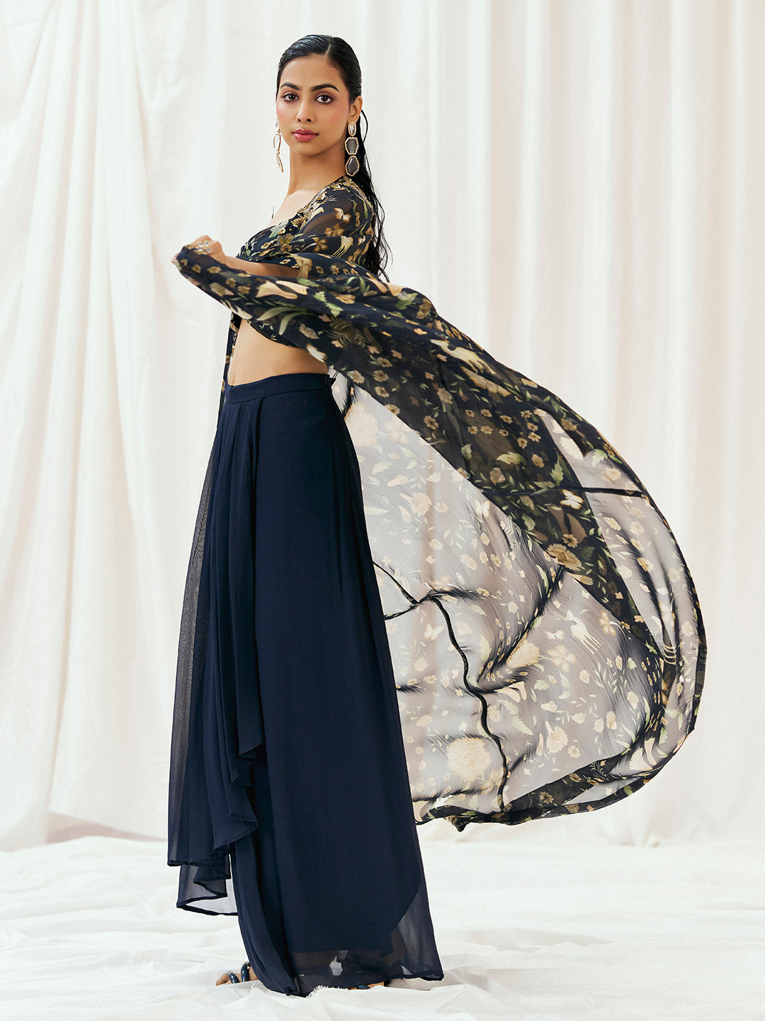 Navy Blue Printed Embroidered Drape Skirt Set with Cape image 2