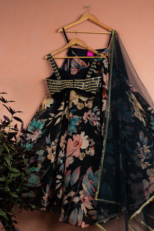 Midnight Blue Floral Blossom Lehenga with Gold and Blue Mirror Work Blouse Set image 2