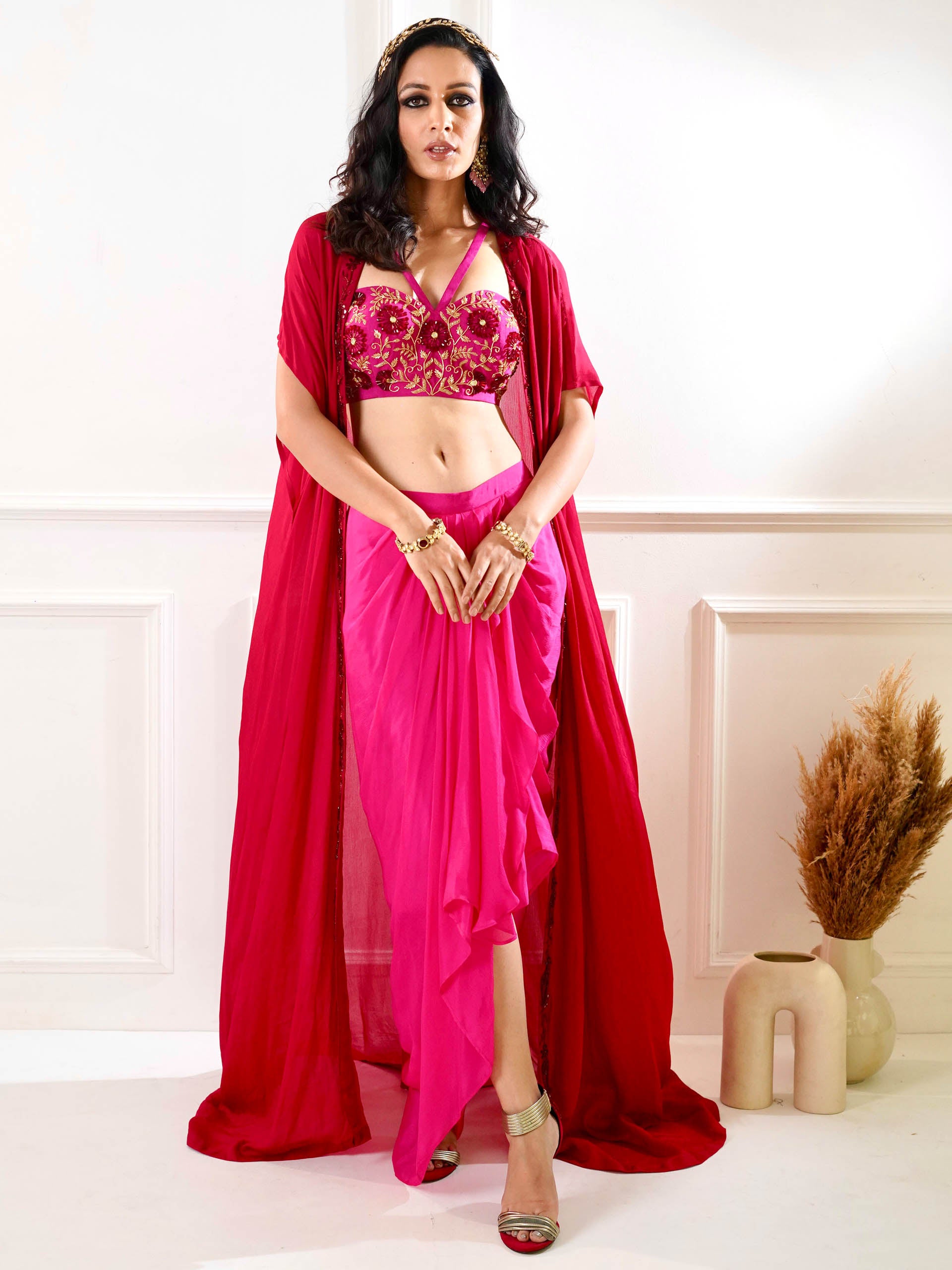 Shirin Pink Drape Skirt Set with Cape image 5