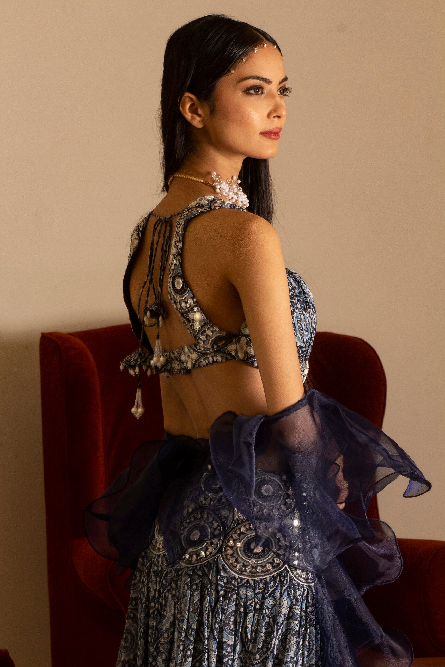 Blue Printed Broad Belt Skirt Set image 6
