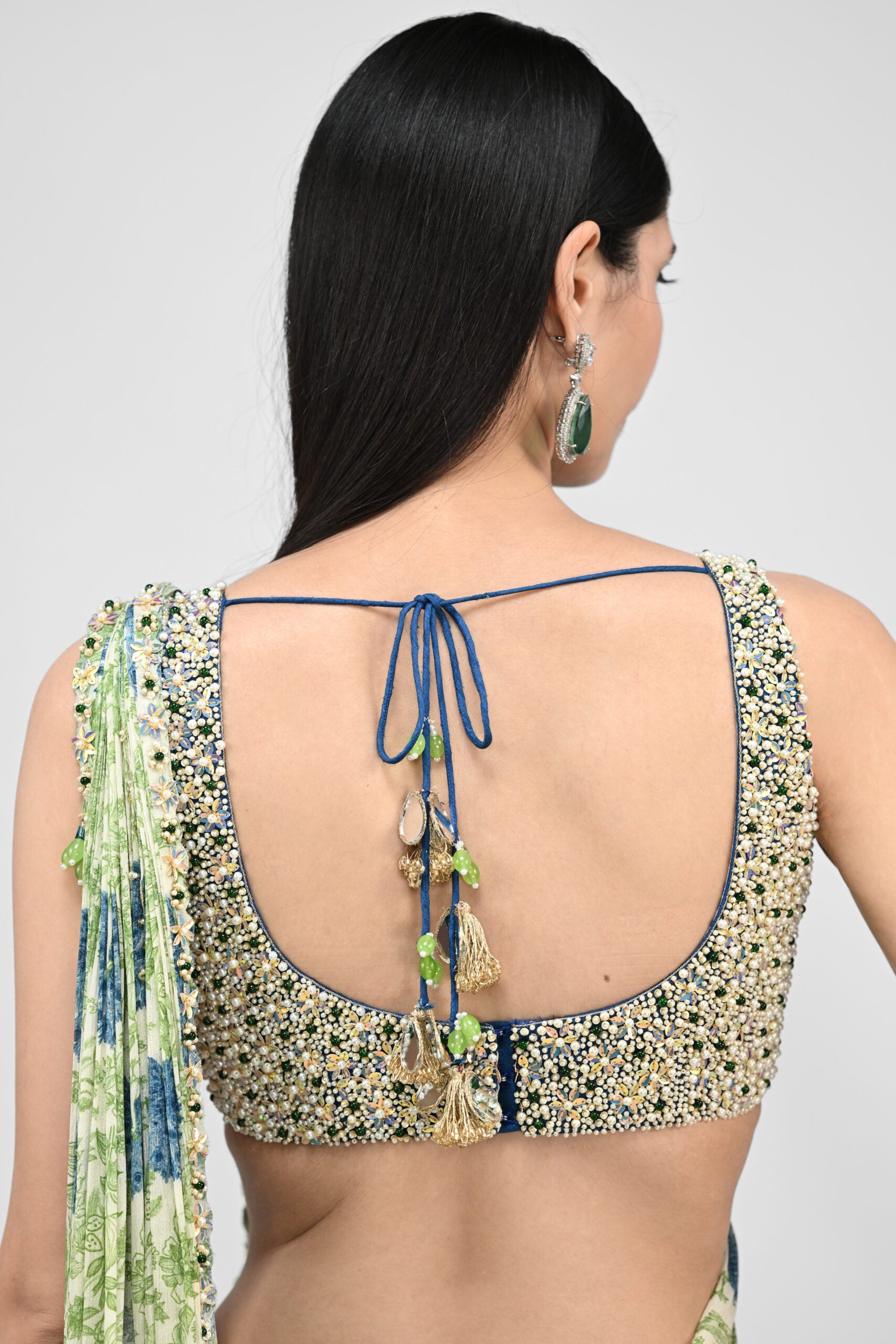 HIGHLIGHTED PRE STICHED PEACOCK SAREE PAIRED WITH BEAD BLOUSE image 4