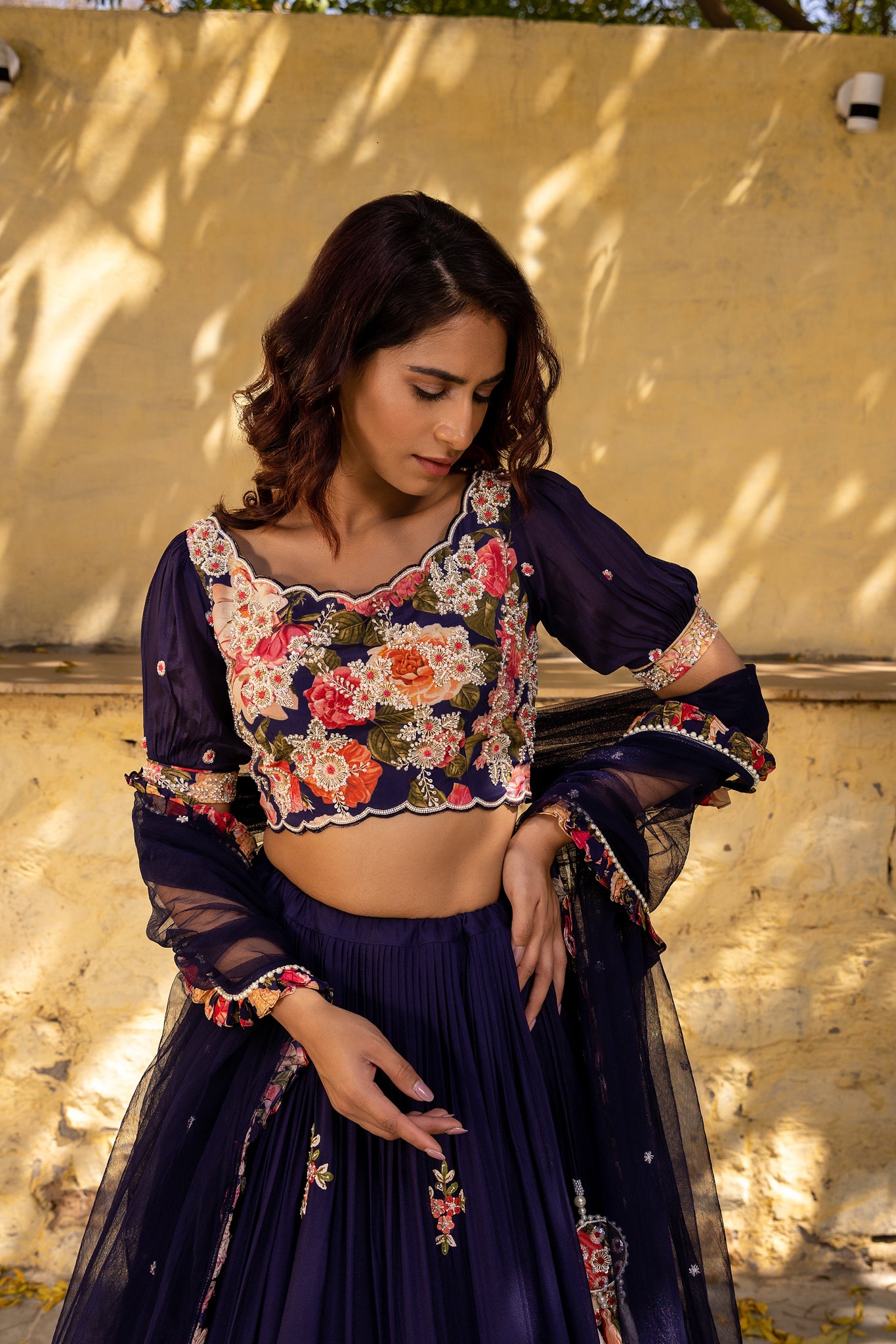 Purple Georgette Floral Lehenga Set - L image
