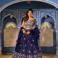 Navy Floral Blue Georgette Crepe Hand Embroidered Lehenga image 0