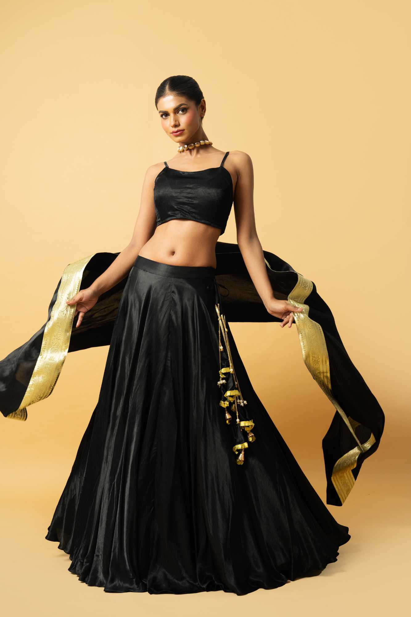 Black Modal Satin Lehenga image 1