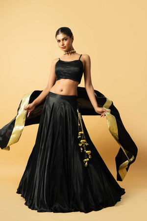Black Modal Satin Lehenga image 1