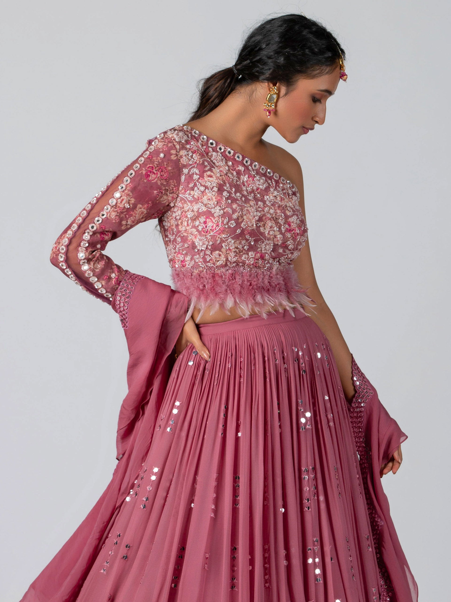 Mauve One Shoulder Lehenga Set image 2