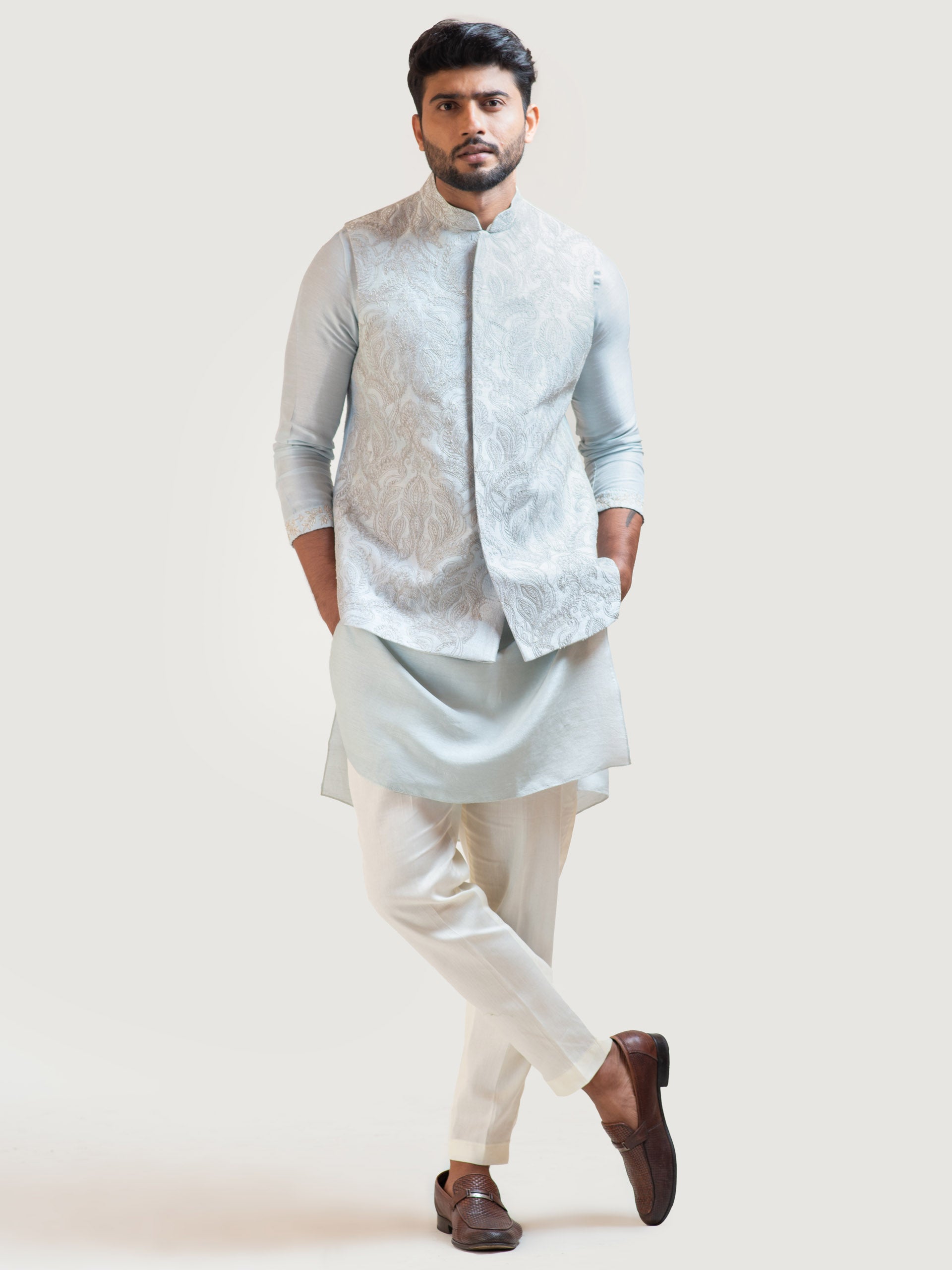Ice Blue Zari Nehru Kurta Set - XL image