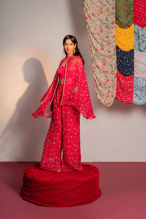 Hot Pink Printed And Embroidered Cape And Pants Set image 4