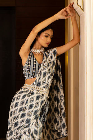 White and Blue Printed Saree Set image 3