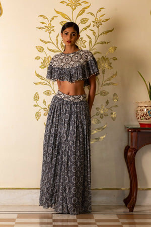 Blue Printed Skirt and Cape Set image 1