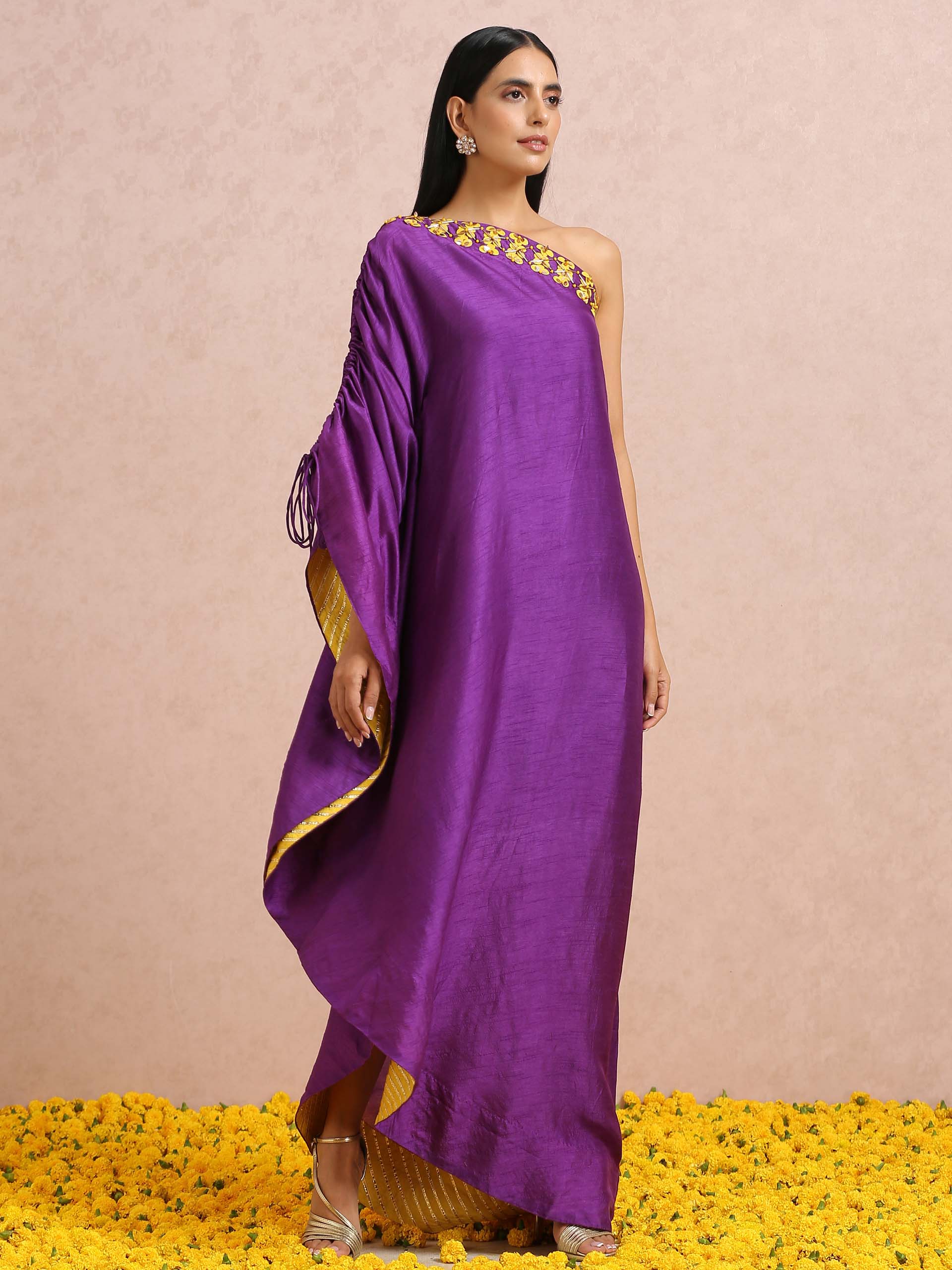 Purple Embroidered One-Shoulder Kaftan Tunic image 0