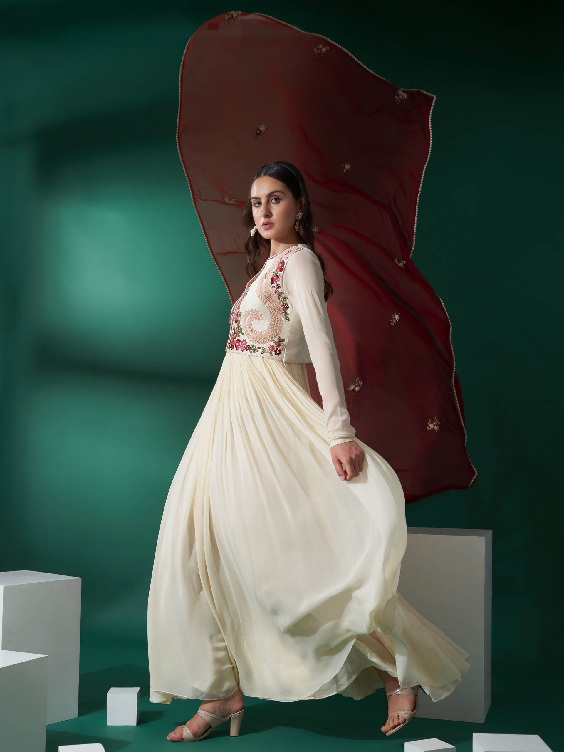 Cream Maroon Koti Jacket Anarkali Set image 1