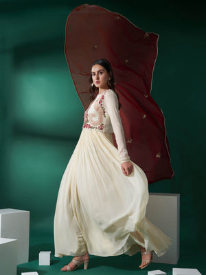 Cream Maroon Koti Jacket Anarkali Set image 1