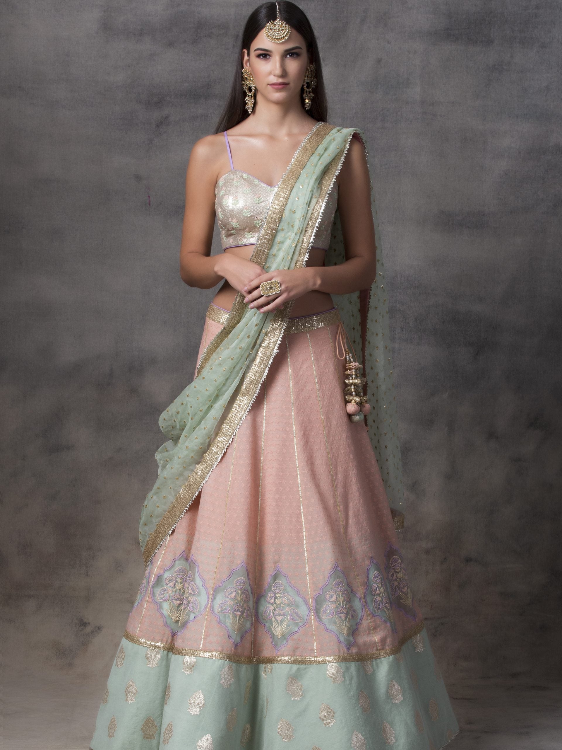 Peach Chanderi Lehenga with Gold Choli - M image