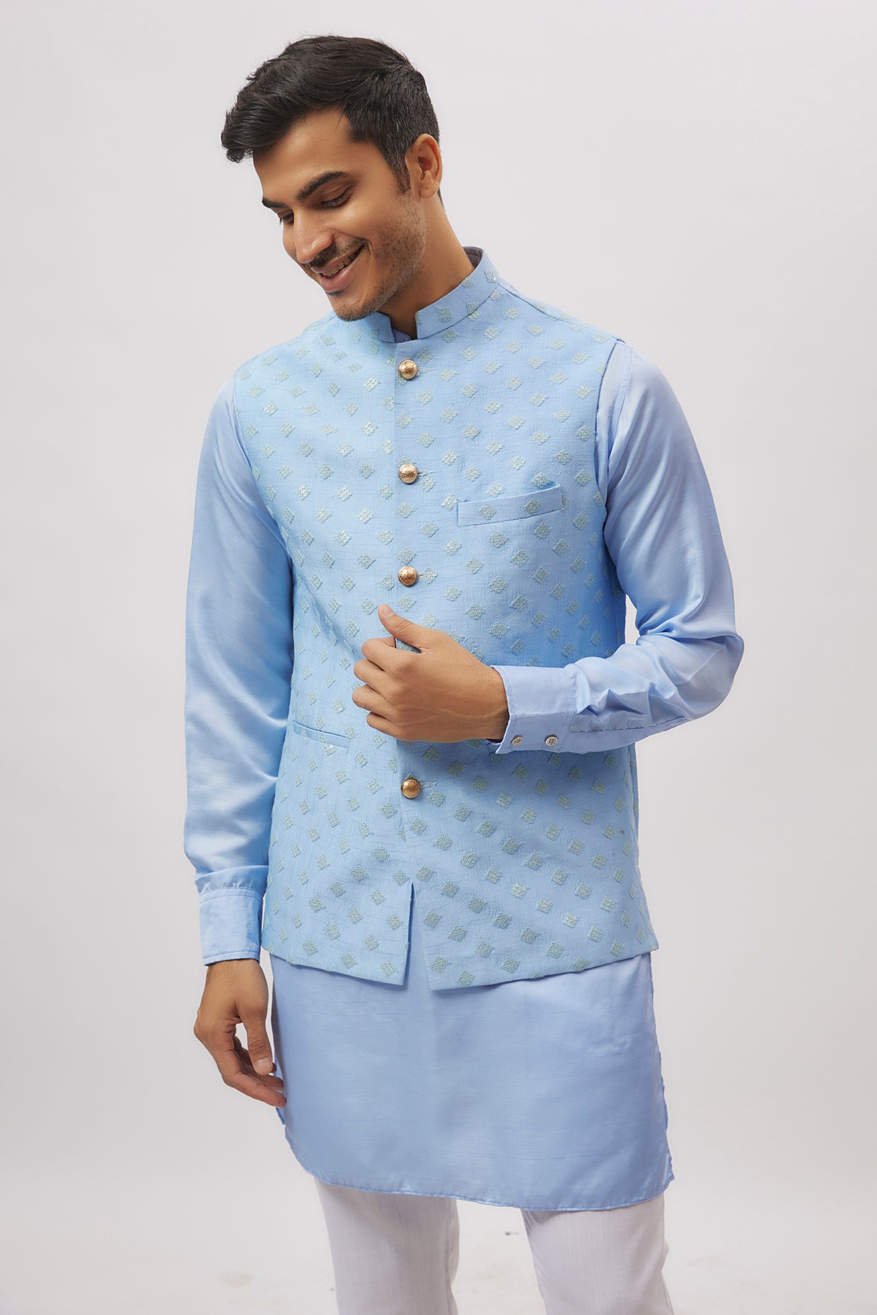 Sky Blue Embroidered Jacket Kurta Set image 1