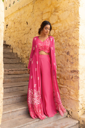 Pink Georgette Flared Pants &amp; Jacket Set image 2