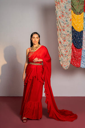 Red Embroidered Drape Saree Set image 4