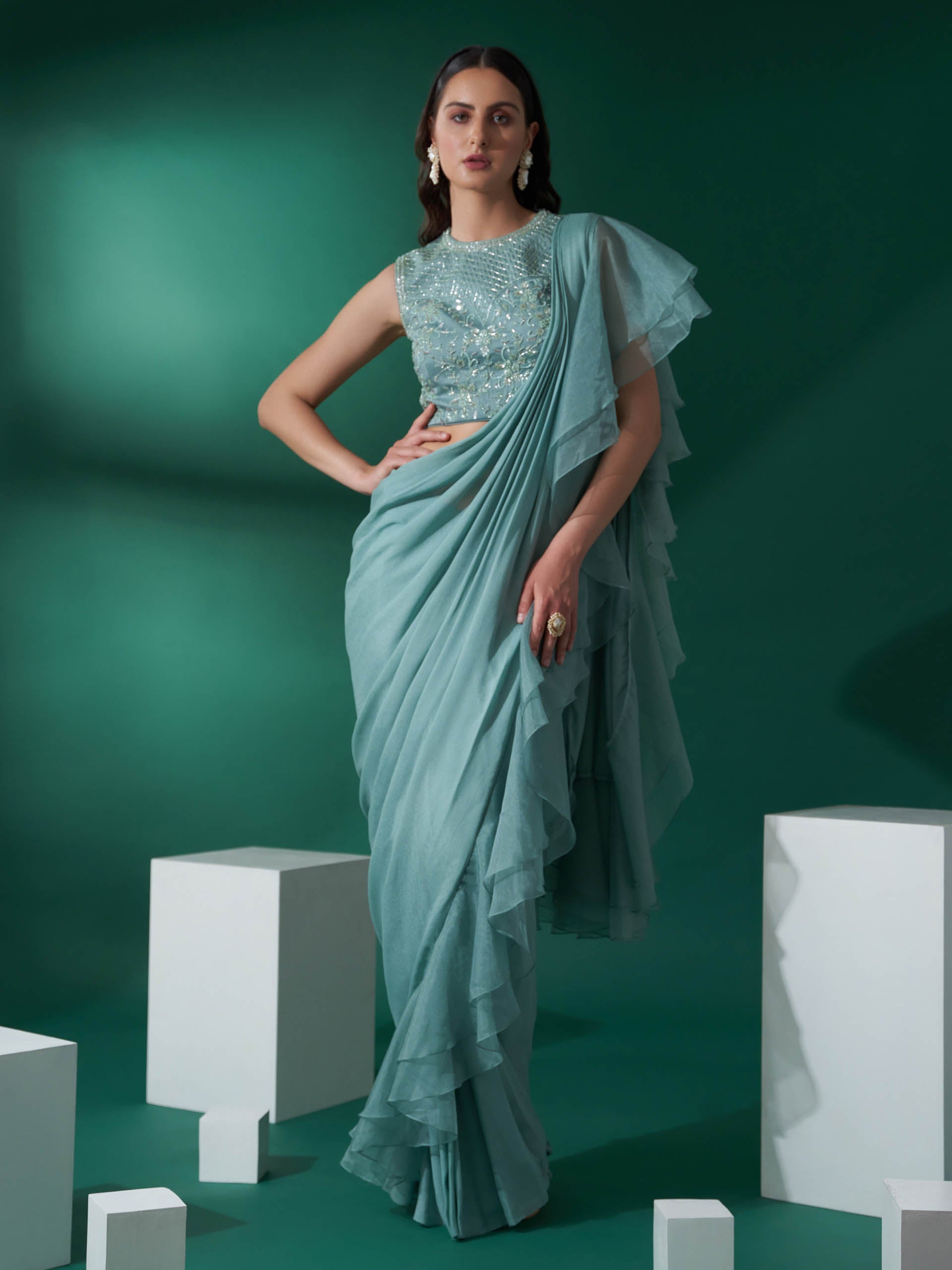 Sea Green Pre Draped Ruffle Saree Set - XL image